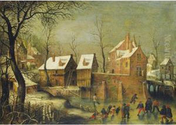 Townscape With Skaters On A Frozen River Oil Painting by Jacob Grimmer