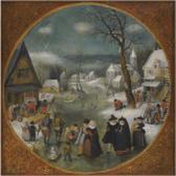 A Winter Landscape With Figures Skating Oil Painting by Jacob Grimmer