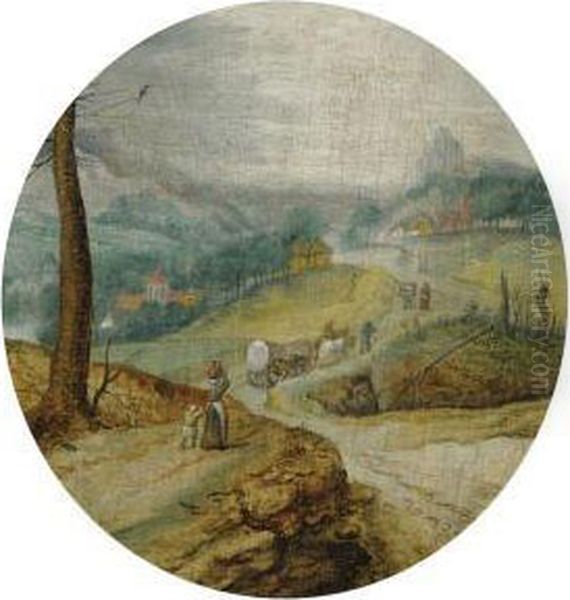 Peasants With A Horse Drawn Wagon On A Country Road, A View Of Avillage Beyond Oil Painting by Jacob Grimmer