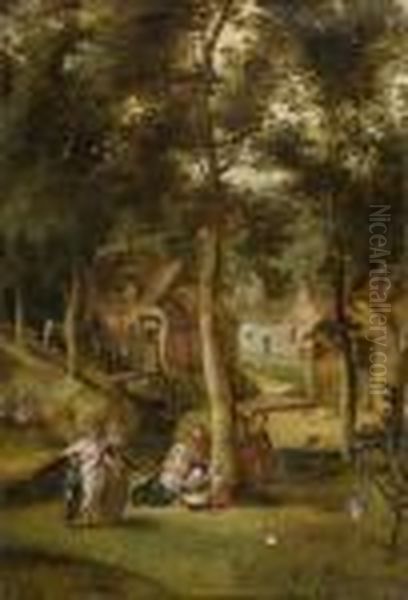 View Of A Village In A Forest Oil Painting by Jacob Grimmer