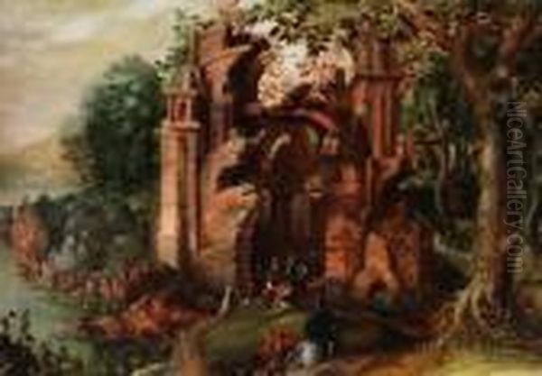 Ruine In Waldlandschaft Mit Figurenstaffage Oil Painting by Jacob Grimmer