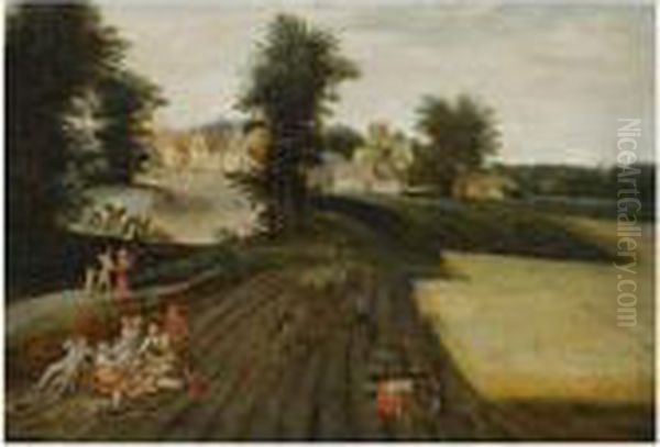 A Landscape With Farmers 
Harvesting, Figures Having A Picknick To The Left, A Village Beyond Oil Painting by Jacob Grimmer