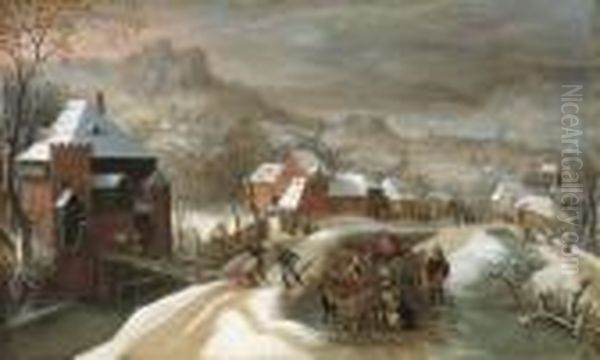 A Winter Landscape With Soldiers In A Village Oil Painting by Jacob Grimmer