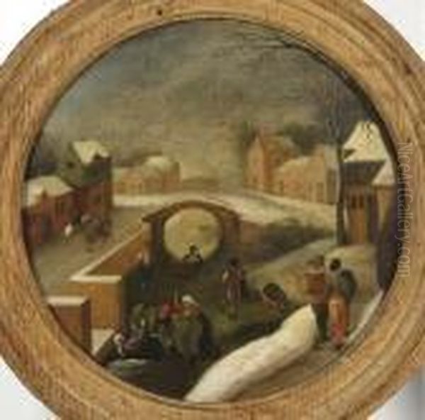 Winter Scene With Skaters On A Frozen Canal In A Village Oil Painting by Jacob Grimmer