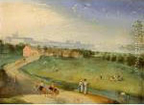 An Extensive Landscape With 
Figures On A Meadow Near A Stream, A Horse-drawn Cart In The Foreground Oil Painting by Jacob Grimmer