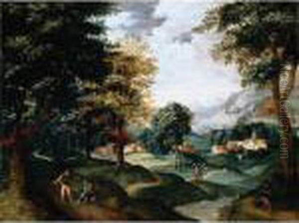 A Landscape With Travellers Resting On A Path In The Foreground, A Village Beyond Oil Painting by Jacob Grimmer