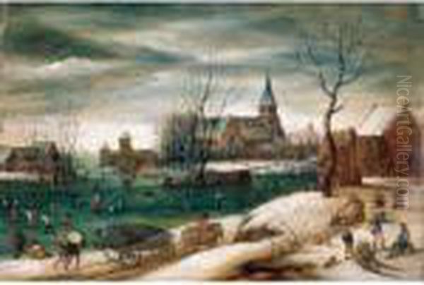 A Winter Landscape With Figures Skating On A Frozen River Before A Church Oil Painting by Jacob Grimmer