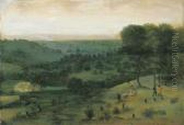 An Extensive Wooded Landscape With Huntsmen, A Peasant And Cattlein The Distance Oil Painting by Jacob Grimmer