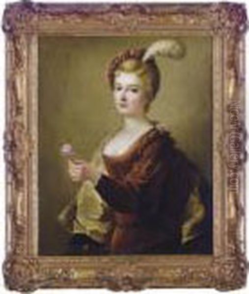 Portrait Of A Lady, 
Traditionally Identified As Mademoiselle Dumesnil, Half-length, In A 
Brown Dress And Hat, Holding A Rose Oil Painting by Jean-Alexis Grimou