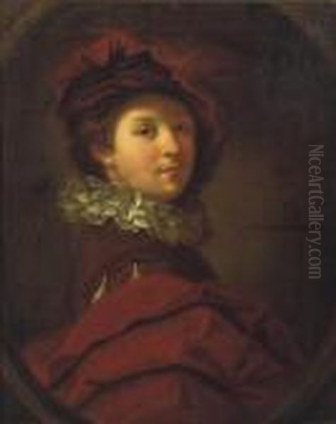 Portrait Of A Young Gentleman, 
Half-length, In A Red Costume With Awhite Collar And Red Plumed Cap, In A
 Painted Oval Oil Painting by Jean-Alexis Grimou