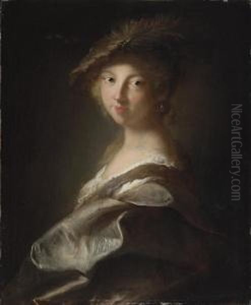 Portrait Of A Lady, Said To Be 
The Duchesse De Caumont-laforce,bust-length, In A Plumed Hat And Silk 
Mantle Oil Painting by Jean-Alexis Grimou