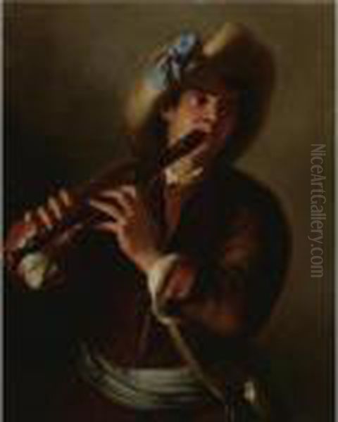 Portrait Of A Young Man Playing The Recorder Oil Painting by Jean-Alexis Grimou