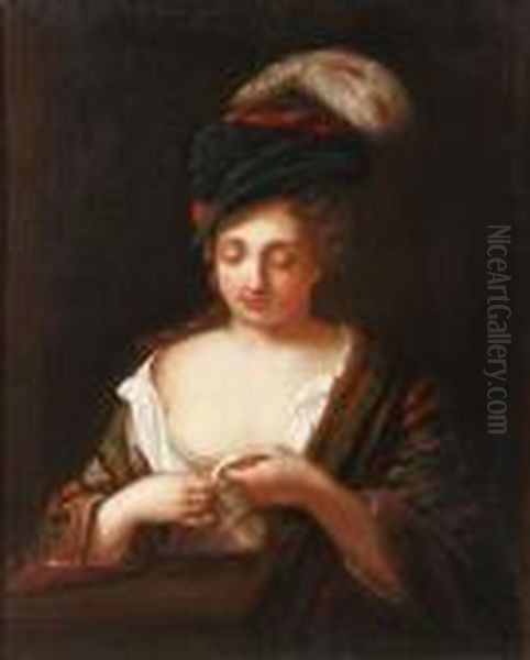 Jeune Femme Au Chapeau A Plume Oil Painting by Jean-Alexis Grimou