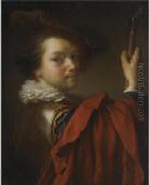 Portrait Of A Gentleman, Half Length, Wearing A Cuirasse, A Hat And A Red Cape Oil Painting by Jean-Alexis Grimou