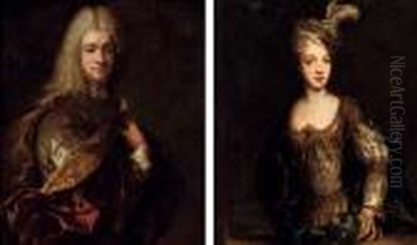 Portrait Of A Gentleman, 
Half-length, In A Silver Costume And Red And Gold Wrap; And Portrait Of A
 Lady, Half-length, In A Gold And Silver Dress And A Green Robe Oil Painting by Jean-Alexis Grimou