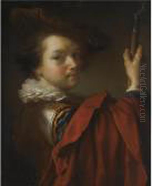 Portrait Of A Gentleman, Half Length, Wearing Armour, A Hat And A Red Cape Oil Painting by Jean-Alexis Grimou