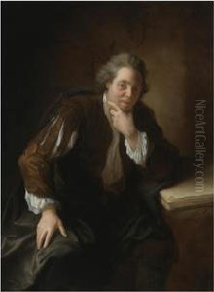 Portrait Of A Contemplative 
Gentleman, Said To Be A Huguenot, Resting His Arm On An Open Book Oil Painting by Jean-Alexis Grimou