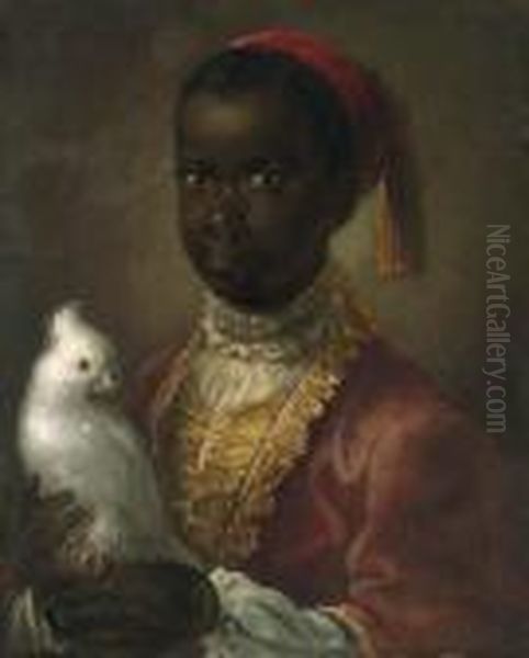 Portrait Of A Blackamoor, Half-length, In A Gold-lined Coat,holding A Cockatoo Oil Painting by Jean-Alexis Grimou