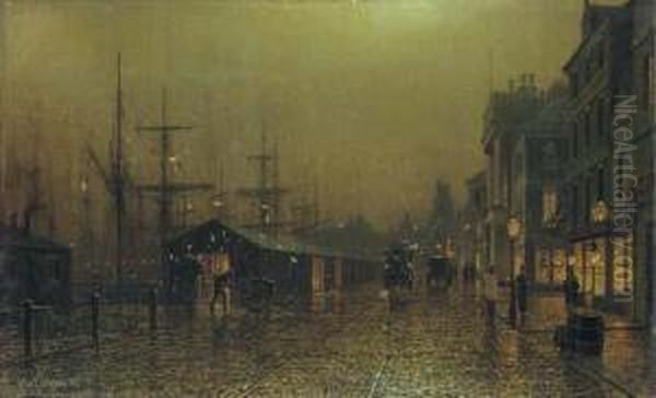 Dockside Scene Oil Painting by Arthur E. Grimshaw