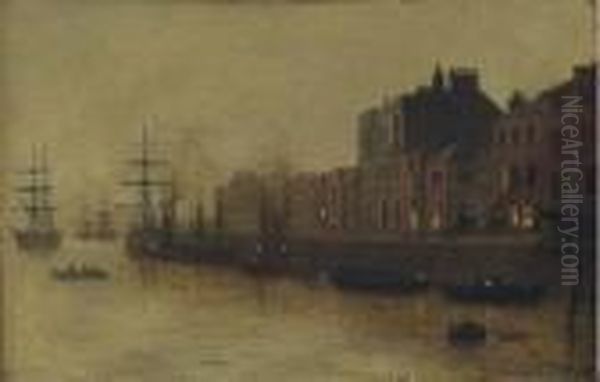 A Fishing Harbour Oil Painting by Arthur E. Grimshaw