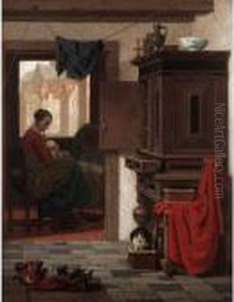 Mother And Baby In An Interior by Charles Joseph Grips