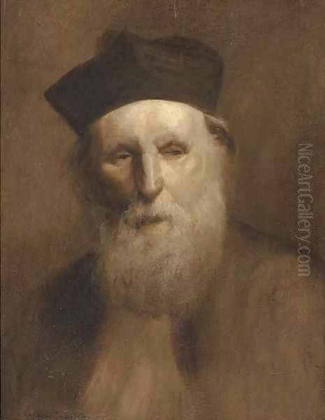 Portrait of a priest, bust-length, in traditional hat and robes Oil Painting by Eugene Carriere