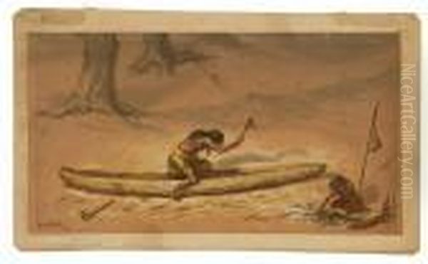 Two American Indians Making A Canoe Oil Painting by Ernest Henry Griset