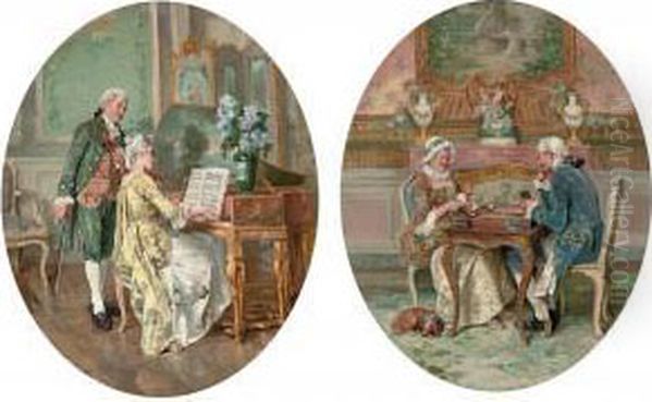 Music Practice; And Backgammon Oil Painting by Francois Adolphe Grison