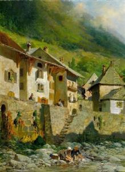 Laundresses - Village De Taninges Oil Painting by Francois Adolphe Grison