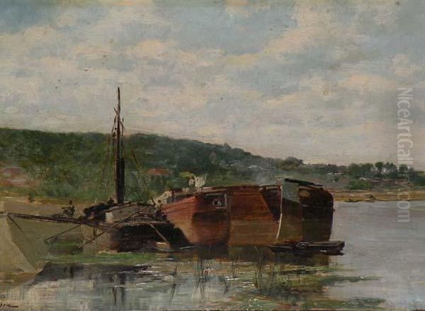 Bateaux Sur La Riviere Oil Painting by Francois Adolphe Grison