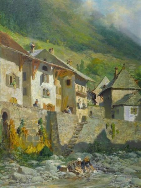 Lanvandieres - Village De Taninges Oil Painting by Francois Adolphe Grison