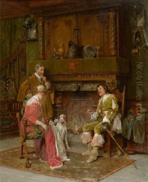 Conversation At The Fireplace. Oil Painting by Francois Adolphe Grison