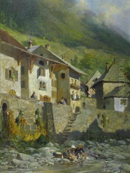 Lanvandieres - Village De Taninges Oil Painting by Francois Adolphe Grison