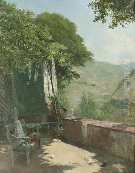 Idyllisch Gelegene Laube In Einer Sommerlandschaft. Oil Painting by Francois Adolphe Grison