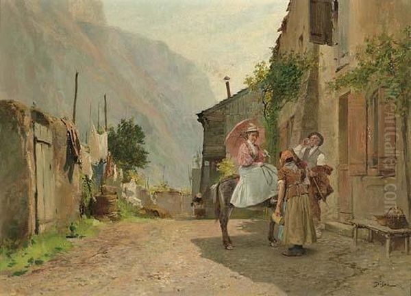 Dame A Dos De Mulet Discutant Avec Deux Paysans Oil Painting by Francois Adolphe Grison