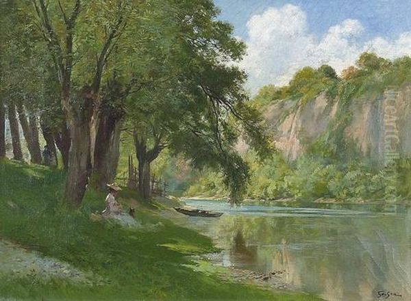 Dame Unter Baumen An Einem Flussufer. Oil Painting by Francois Adolphe Grison