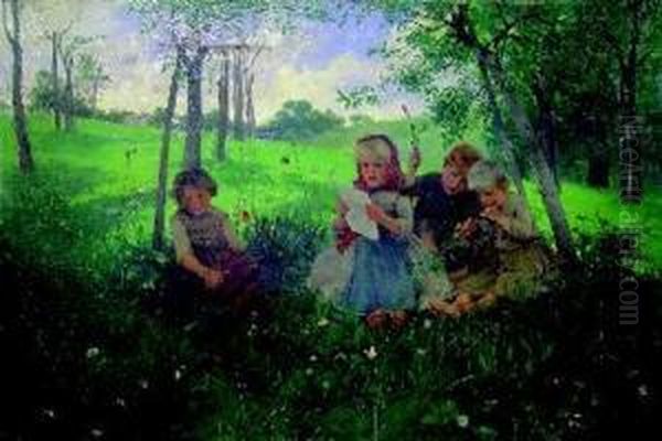 Spielende Kinder Auf Der Wiese. Oil Painting by Conrad Grob