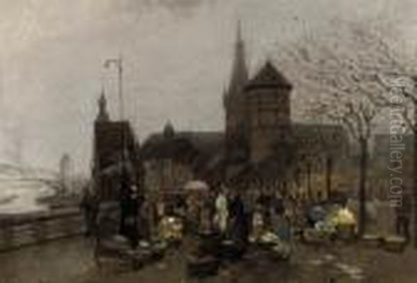 A Market Day In A German Town Oil Painting by German Grobe