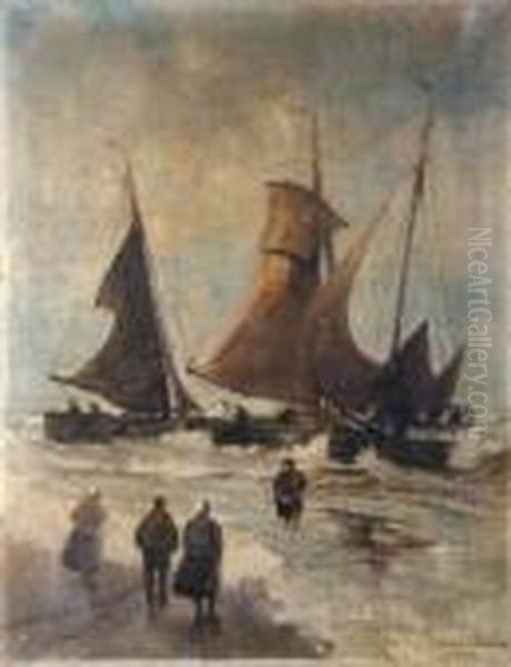 Segelboote Und Fischersleute Am Strand Oil Painting by German Grobe