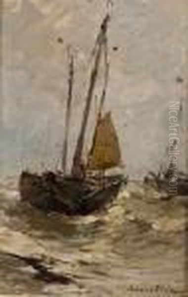 Fischerboote In Sturmischer See Oil Painting by German Grobe