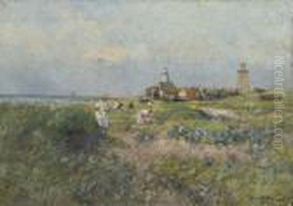 Children Playing In The Dunes Of Katwijk Oil Painting by German Grobe