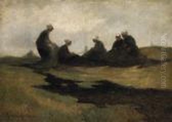 Fishergirl Patching The Net In The Dunes. Signed Lower Left: German Grobe Oil Painting by German Grobe