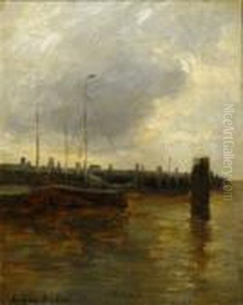 Fishing Cutter By The Mole. Signed Lower Left: German Grobe Oil Painting by German Grobe