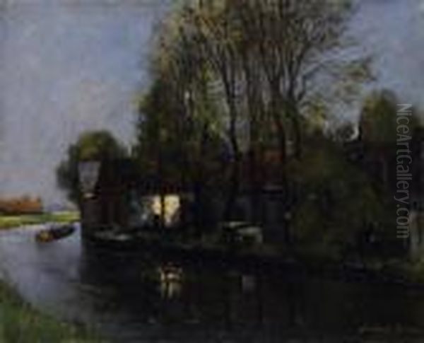 Dutch Canal Landscape With Village. Signed Bottom Right: German Grobe Oil Painting by German Grobe