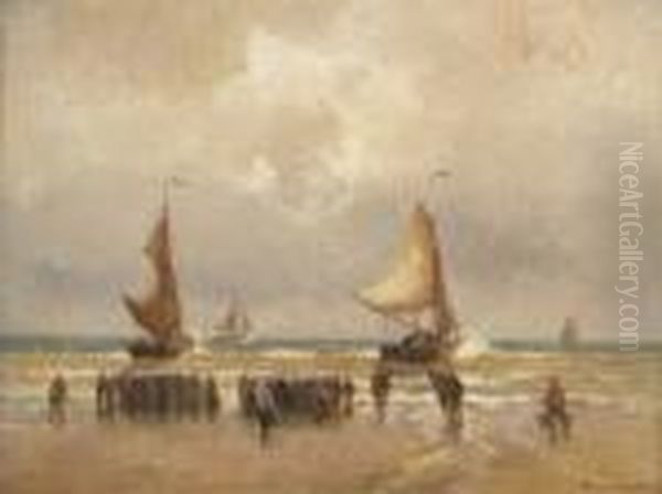 Fischer Und Ihre Frauen Am Strand Bei Den Booten. Oil Painting by German Grobe