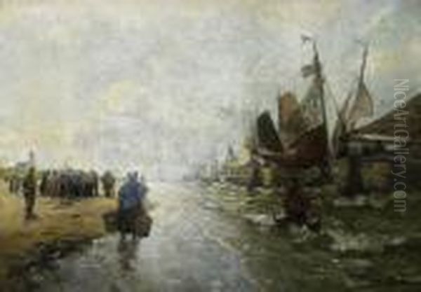 Fishmarket On The Beach Of Katwijk Oil Painting by German Grobe