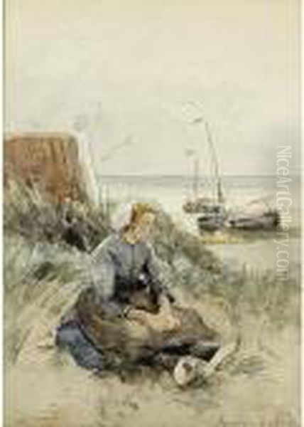 A Dutch Fisherwoman Seated In The Dunes, The Beach And Sea Beyond Oil Painting by German Grobe