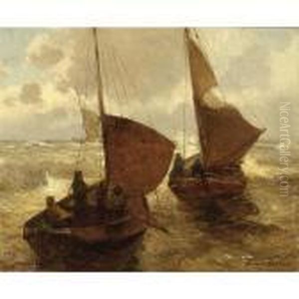 Fishing Boats At Sea Oil Painting by German Grobe