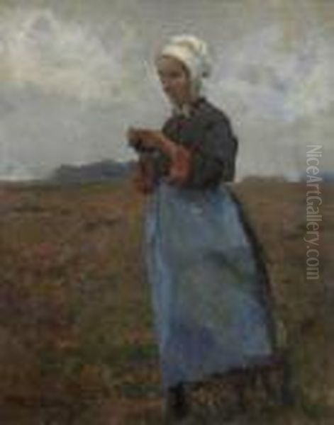 Strickende Frau. 1896 Oil Painting by Hermann Groeber