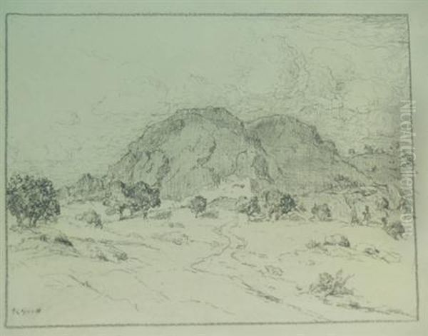 Tree, Tree Stumps And Mountains;
 An Adobe Village In A Mountain;pueblo Village, Arizona; Wagon Train, 
Mountains And Sky Oil Painting by Albert Lorey Groll